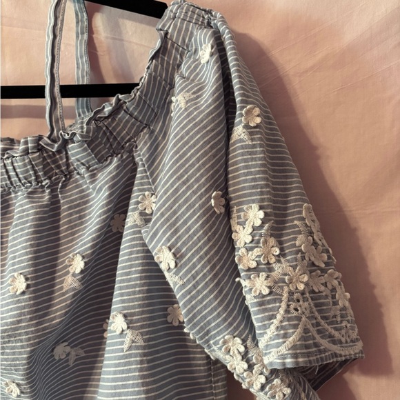 Elegant Blue Striped Blouse with White Floral Details - Picture 2 of 12